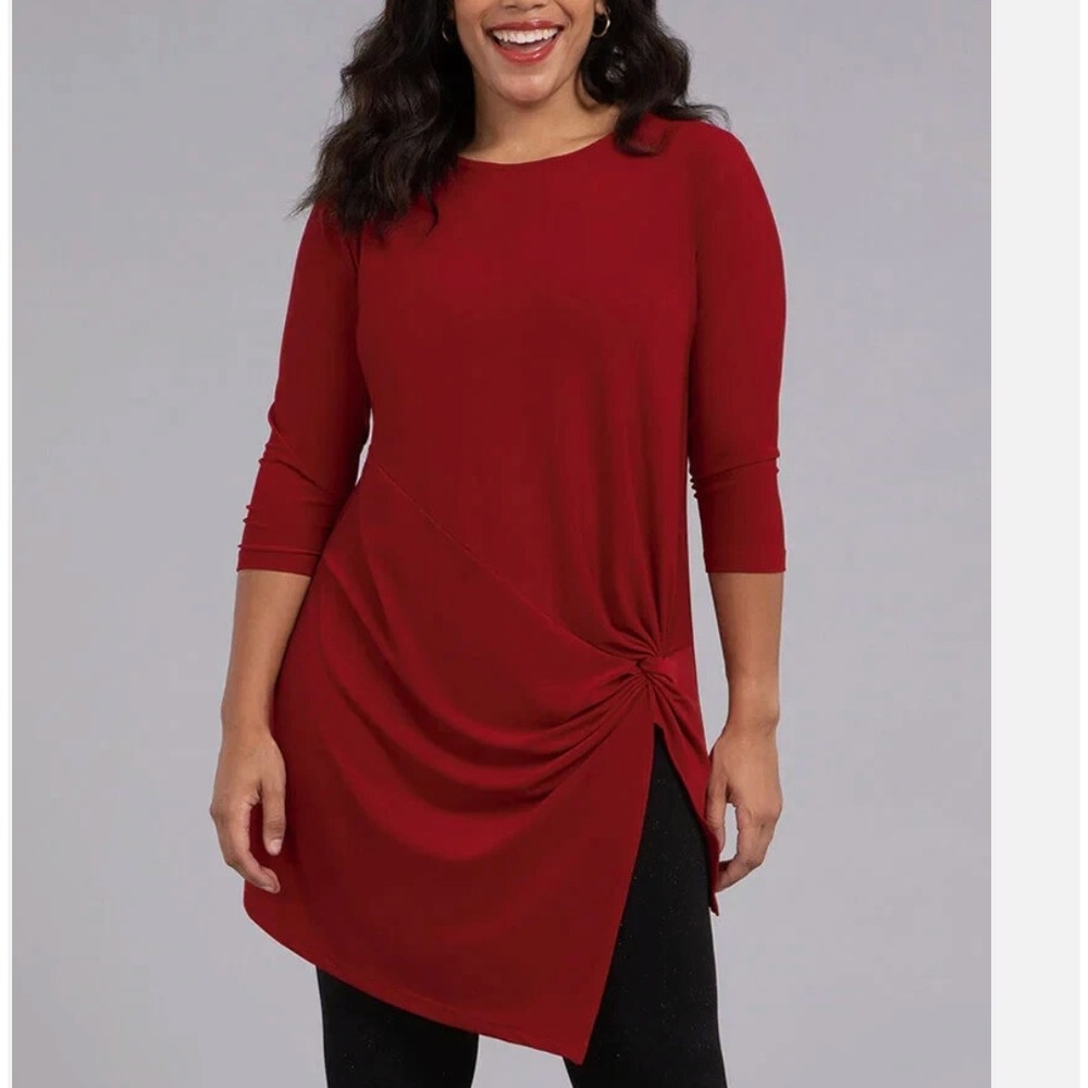 Sympli Side Twist Tunic Top size 10 Red 3/4 Sleeve Red Stretch Jersey $220 NWT